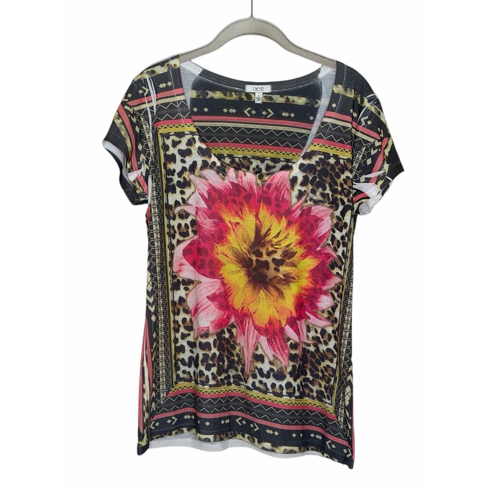 Vintage Y2k Cache Leopard Floral Scoop Neck Tee Top USA Size Large